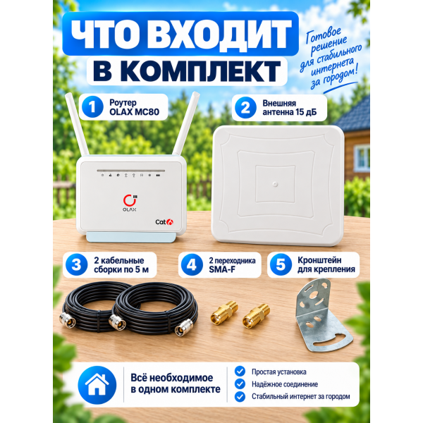 Комплект 4G интернета для дачи: роутер OLAX MC80 и антенна 15 дБ MIMO 2x2
